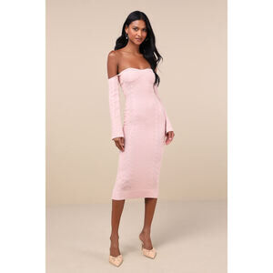 Lulus Cuddly Element Light Pink Cable Knit Off-the-shoulder Midi Dress - Size L